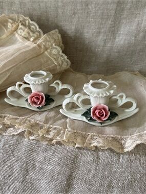 Karl Ens Germany vintage pink roses porcelain candleholders